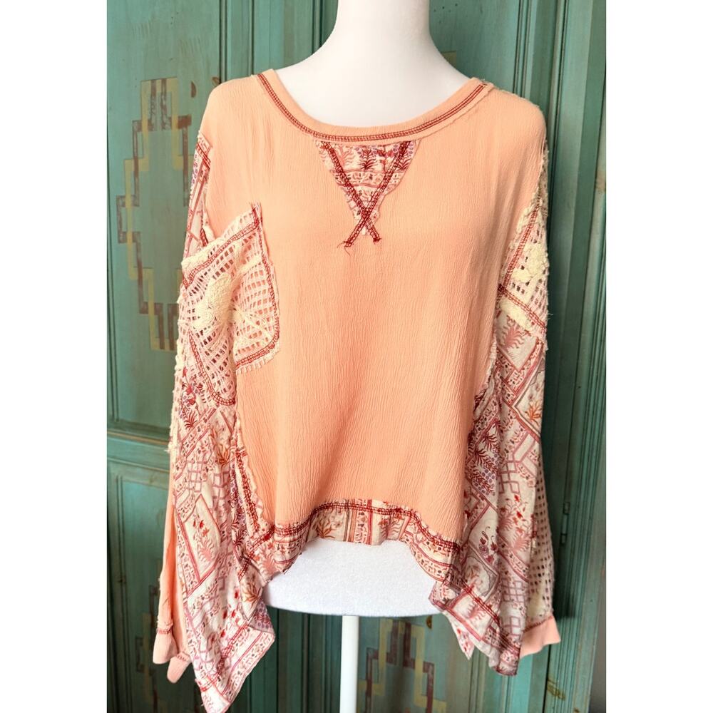 POL Boho Patchwork Lace Mixed Media Oversized Top Peach Size Large - Picture 2 of 9